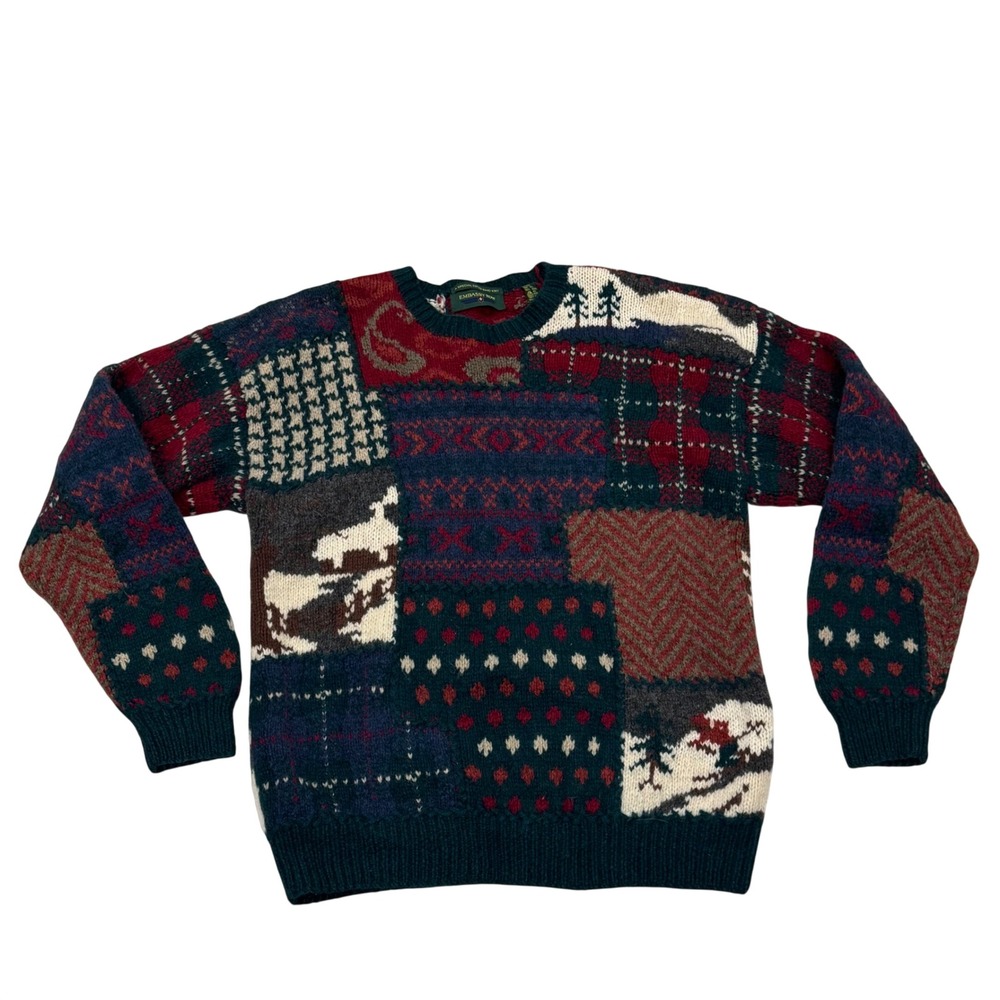 Embassy‎ Row Hand Knit Wool Patchwork Sweater Men XL Nordic Fair Isle Trees Ski
